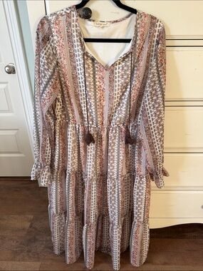 indigo soul Boho Tiered Maxi Dress in Pink & Cream